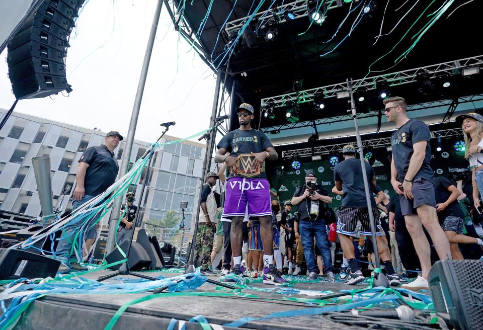 Milwaukee Bucks center Bobby Portis is seen on stage as part of the celebration of the Milwaukee Bucks' NBA championship in the downtown Deer District near Fiserv Forum last summer. The 27-year-old Portis is committing to the Bucks after signing a four-year deal.