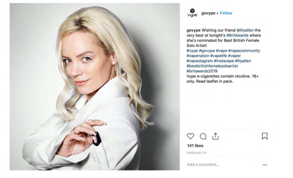 An image issued by the Advertising Standards Authority (ASA) of Lily Allen promoting e-cigarettes which appears on Instagram. [Photo: PA/Instagram]