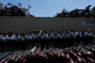 Some of the thousands of BIRD scooters are shown at Scoot Scoop after the company impounded the devices when contracted by private property owners who no longer want them being left on their property in San Diego, California