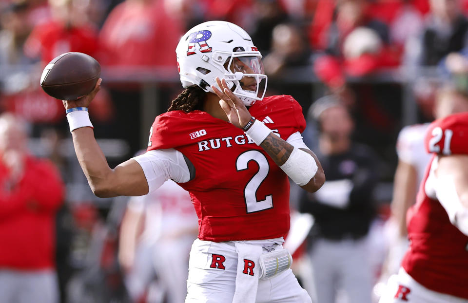 Rutgers quarterback Gavin Wimsatt (2) throws a pass against Ohio State during the second half of a NCAA college football game, Saturday, Nov. 4, 2023, in Piscataway, N.J. Ohio State won 35-16. (AP Photo/Noah K. Murray)