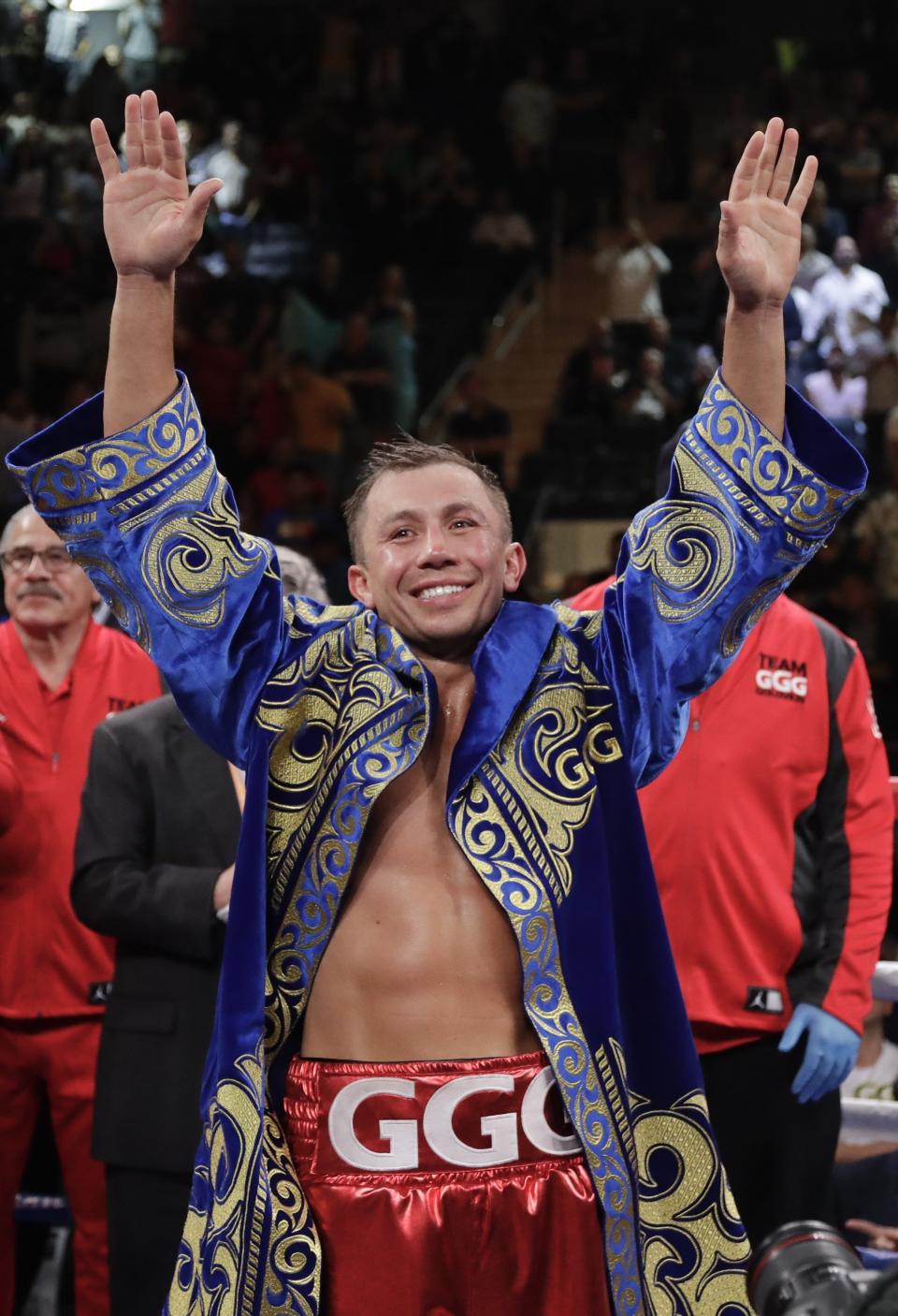 Kazakhstan's Gennady Golovkin gestures to fans after a super middleweight boxing match against Canada's Steve Rolls on Saturday, June 8, 2019, in New York. Golovkin won in the fourth round. (AP Photo/Frank Franklin II)