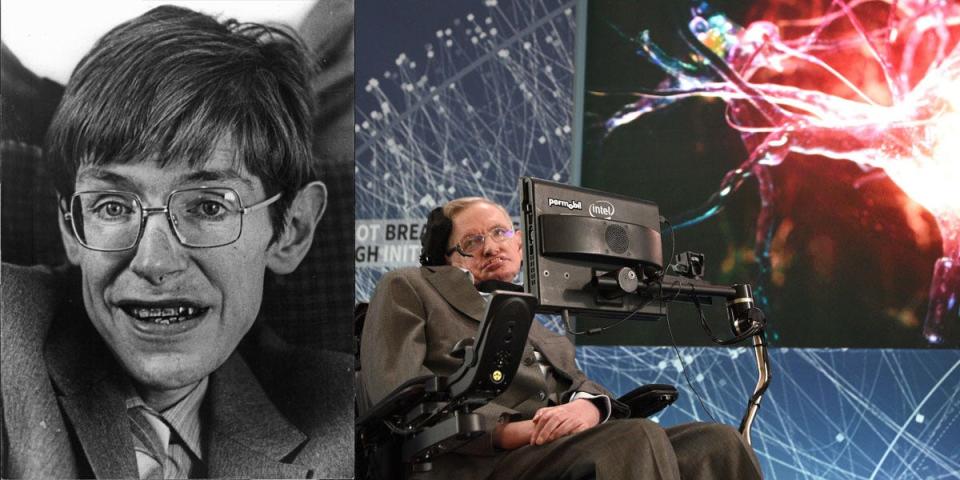 side by side: young stephen hawking, older stephen hawking