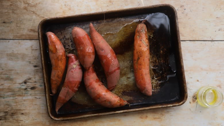 Roasting sweet potatoes on tray