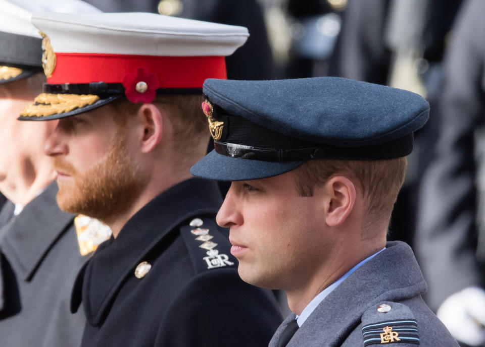 LONDON, ENGLAND - NOVEMBER 11:  Prince Harry, Duke of Sussex and Prince William, Duke of Cambridge attend the annual Remembrance Sunday memorial on November 11, 2018 in London, England.  (Photo by Samir Hussein/WireImage)