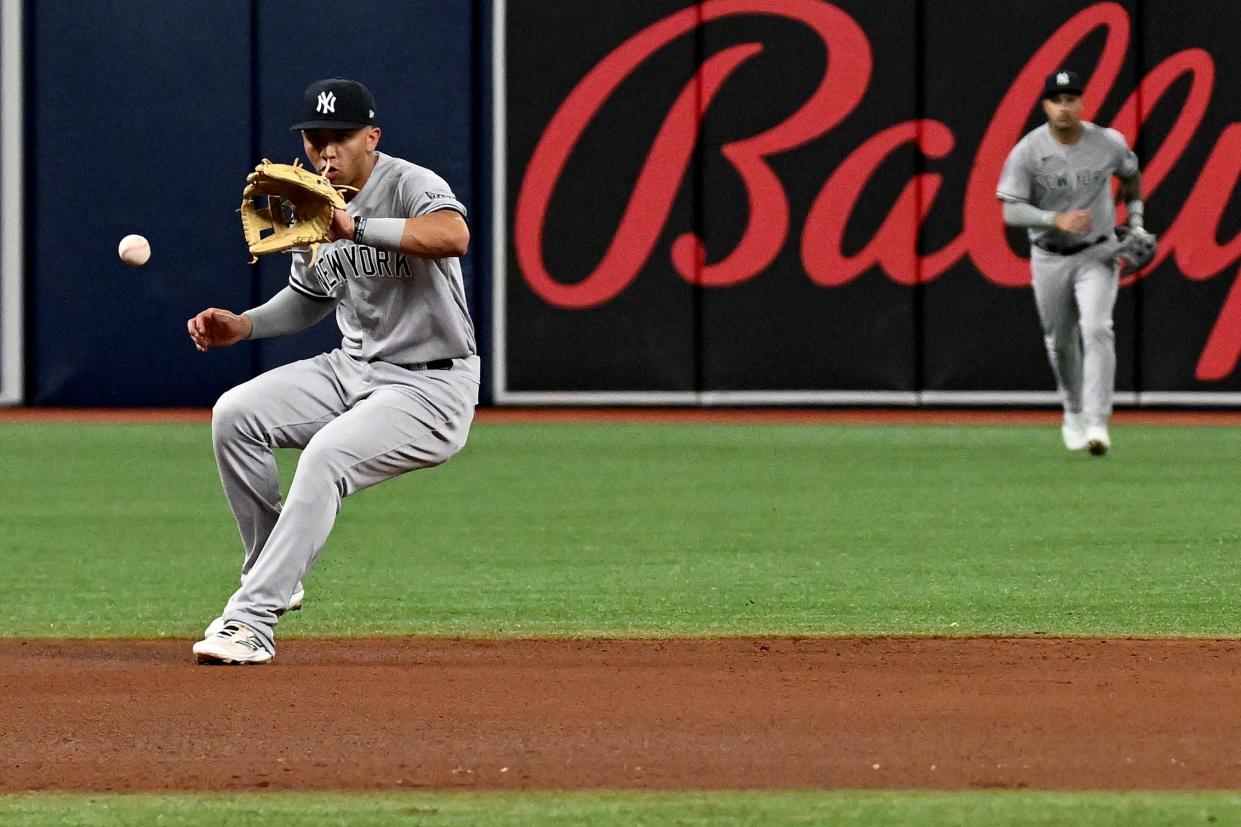Aug 26, 2023; St. Petersburg, Florida, USA; New York Yankees shortstop Oswald Peraza (91) fields a ground ball against the Tampa Bay Rays in the fifth inning at Tropicana Field.