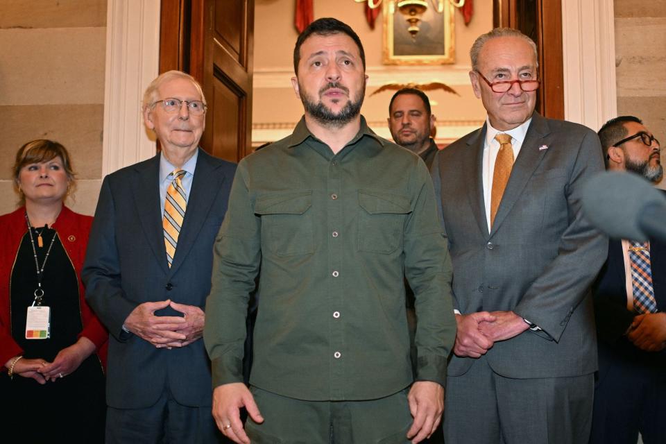 Mitch McConnell, Volodymyr Zelensky, and Chuck Schumer