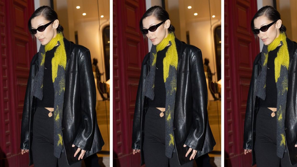 bella hadid wears a scarf at milan fashion week to illustrate a guide to the best scarves for women 2022