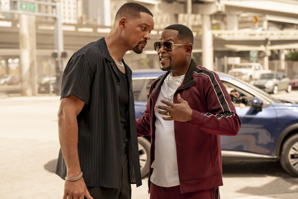 This image released by Sony Pictures shows Will Smith, left, and Martin Lawrence in "Bad Boys: Ride or Die." (Frank Masi/Columbia Pictures-Sony via AP)