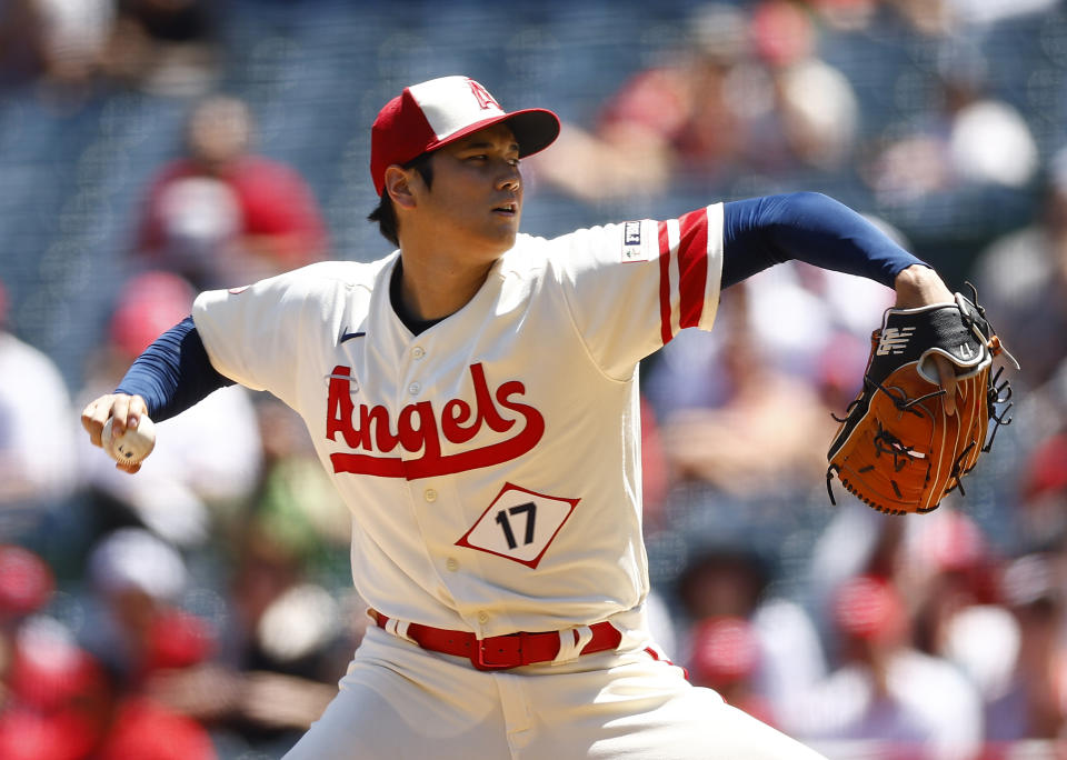Shohei Ohtani #17 of the Los Angeles Angels throws against the Cincinnati Reds in the first inning during game one of a doubleheader at Angel Stadium of Anaheim on August 23, 2023 in Anaheim, California. (Photo by Ronald Martinez/Getty Images)