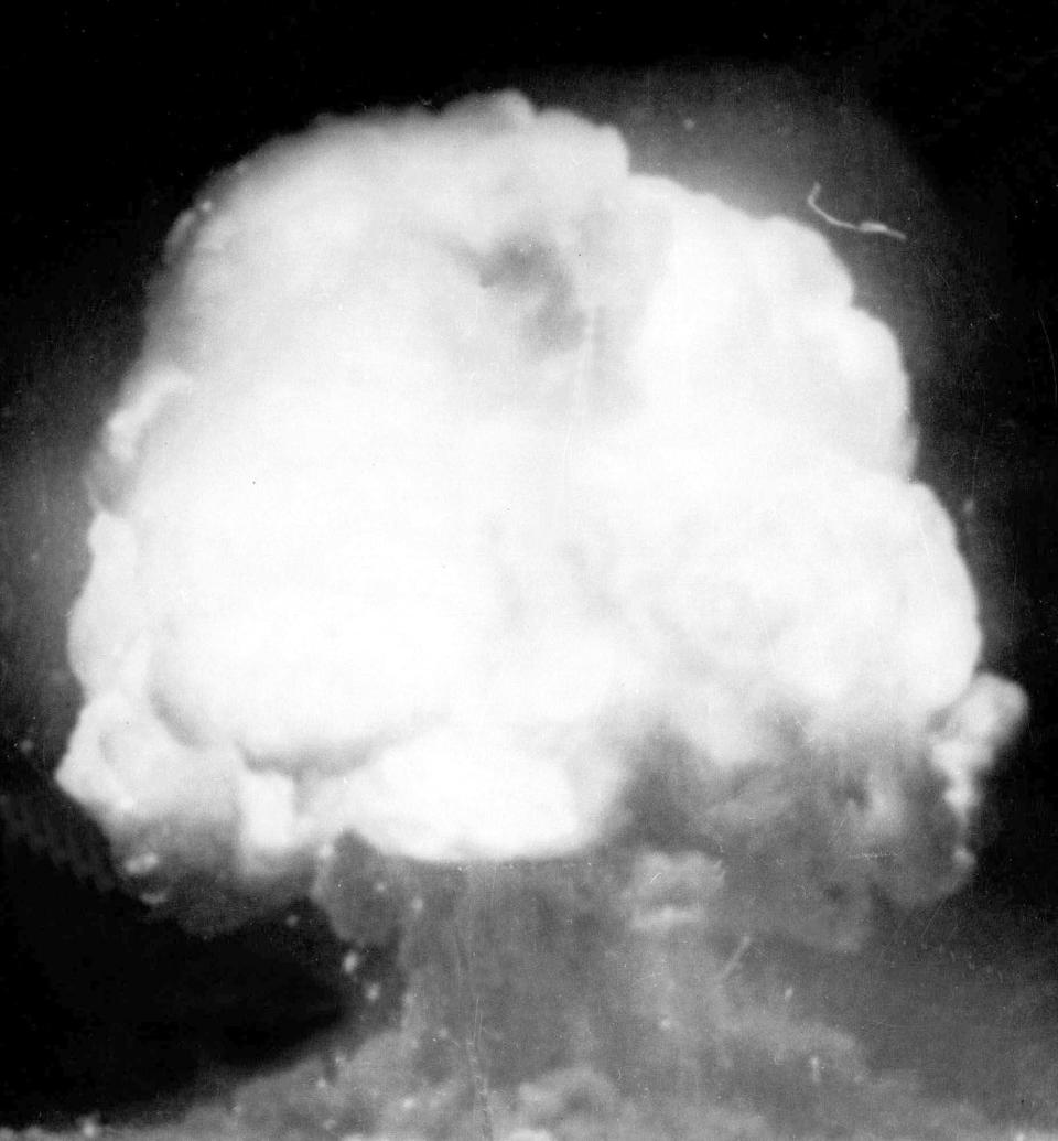 The first U.S. atom bomb explodes during a test in Alamogordo, N.M., July 16, 1945. The cloud went 40,000 feet in the air, as viewed by an automatic camera six miles away from the site. A new film on J. Robert Oppenheimer's life and his role in the development of the atomic bomb as part of the Manhattan Project during World War II opens in theaters on Friday, July 21, 2023.