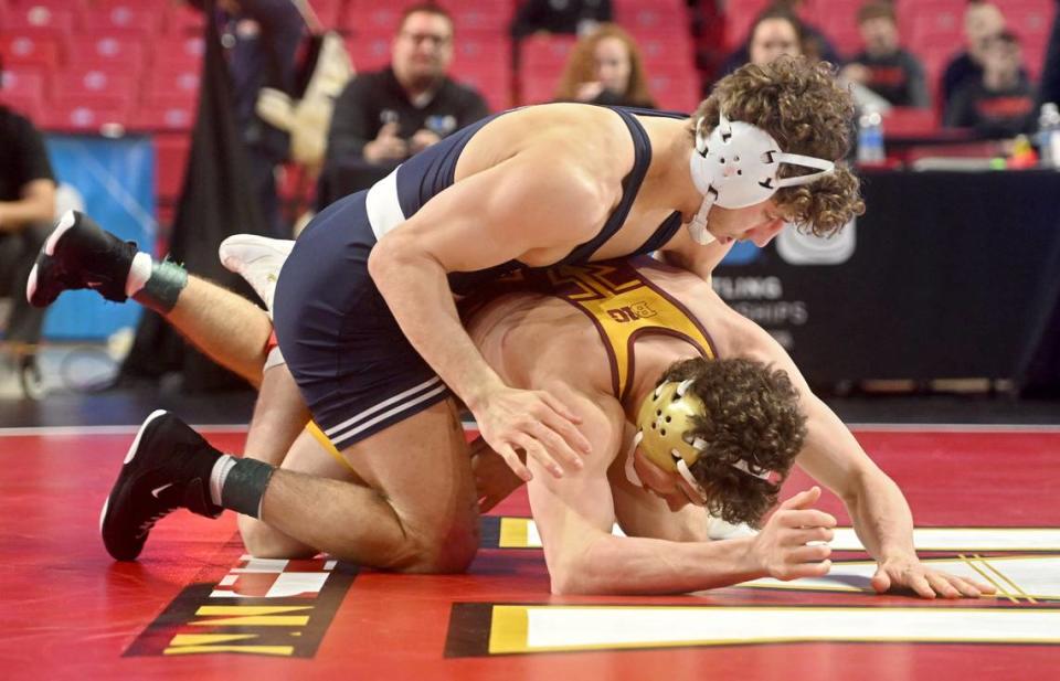 Penn State’s Mitchell Mesenbrink controls Minnesota’s Blaine Brenner in a 165 lb quarterfinal match of the Big Ten Wresting Championships at the Xfinity Center at the University of Maryland on Saturday, March 9, 2024.