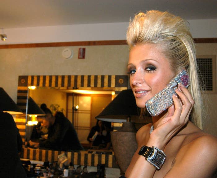 Closeup of Paris Hilton on her phone