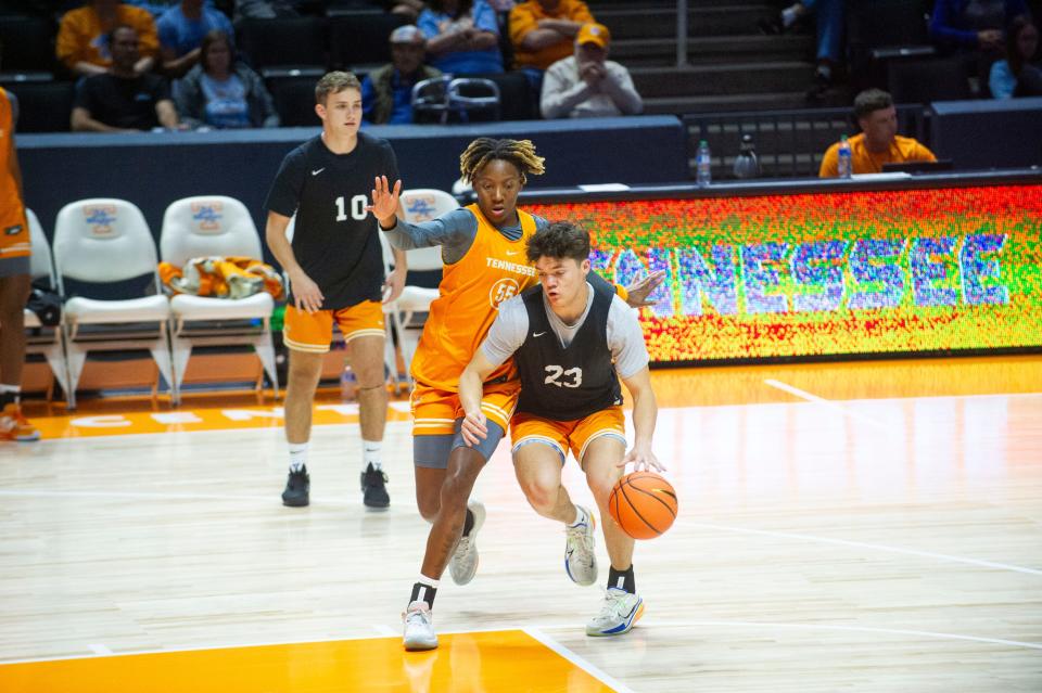 Tennessee guard Talaysia Cooper (55) guards a scout team player during Lady Vols basketball media day practice at Thompson-Boling Arena on Monday, Oct. 23, 2023.