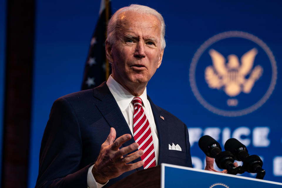 WILMINGTON, DE - NOVEMBER 16: President-elect Joe Biden delivers a remarks on the economic recovery at the Queen in Wilmington, Delaware on Monday, Nov. 16, 2020. (Photo by Salwan Georges/The Washington Post via Getty Images)