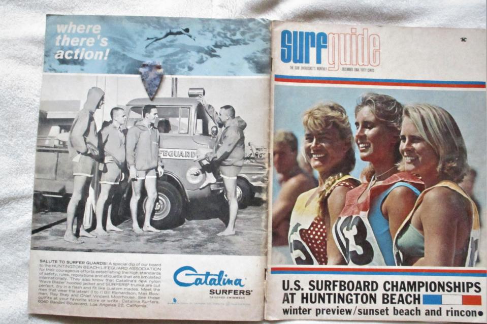 Bill's surf report "mentor," Raymond Bray (third from left), a Huntington Beach lifeguard/surf reporter, pictured on the back cover of Surf Guide magazine, dated December 1966.