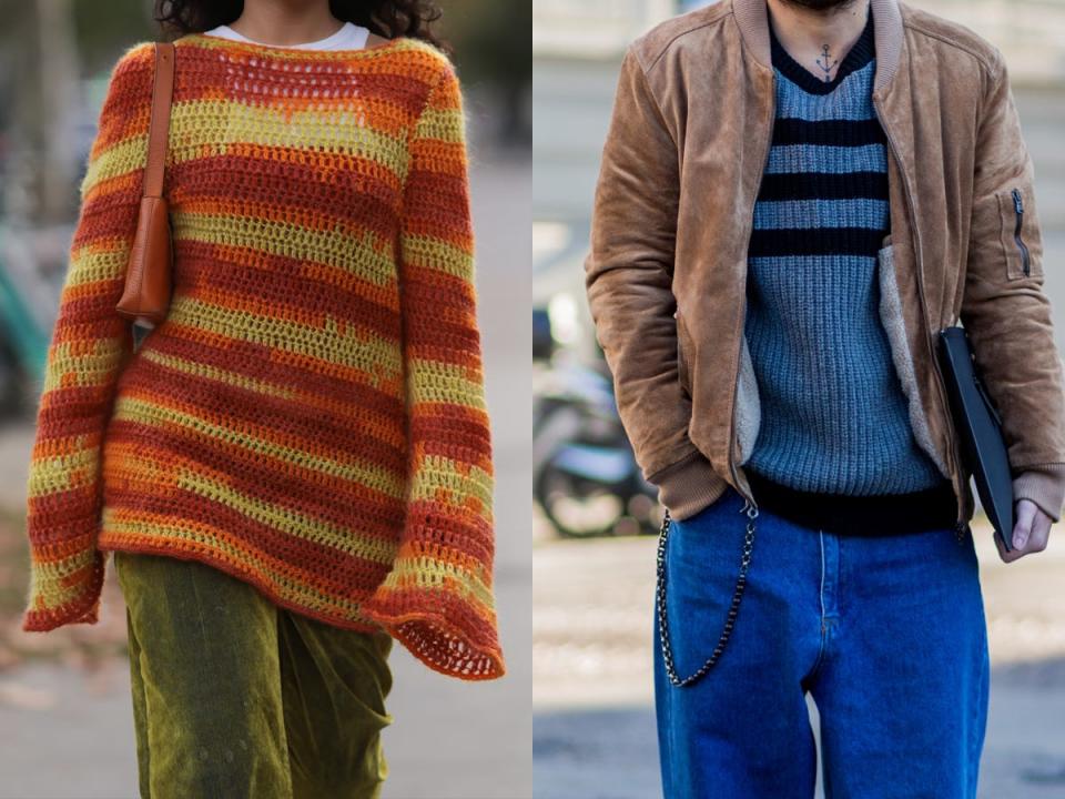 Striped sweaters being styled in a feminine and masculine way side-by-side.