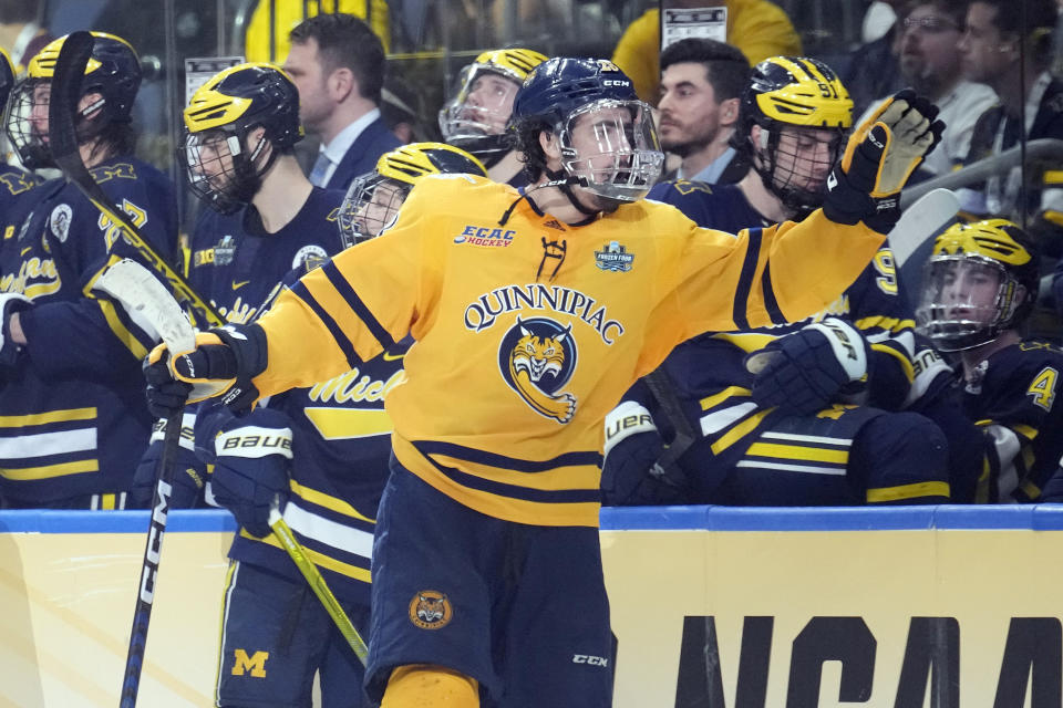 Quinnipiac forward Sam Lipkin reacts after his goal against Michigan during the third period of an NCAA semifinal game in the Frozen Four college hockey tournament Thursday, April 6, 2023, in Tampa, Fla. (AP Photo/Chris O'Meara)