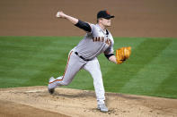 San Francisco Giants starting pitcher Logan Webb works in the first inning of a baseball game against the Oakland Athletics, Friday, Sept. 18, 2020, in Oakland, Calif. (AP Photo/Eric Risberg)