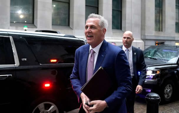 PHOTO: House Speaker Kevin McCarthy arrives on Wall Street to deliver a speech on the economy at the New York Stock Exchange (NYSE) in New York, April 17, 2023. (Timothy A. Clary/AFP via Getty Images)