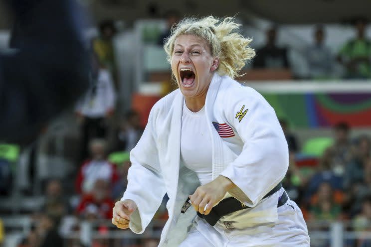 Kayla Harrison of the United States celebrates after defeating Audrey Tcheumeo of France during the women's -78kg gold medal judo contest on Day 6 of the 2016 Rio Olympics at Carioca Arena 2 on August 11, 2016 in Rio de Janeiro, Brazil. (Photo by William Volcov/Brazil Photo Press/LatinContent/Getty Images)