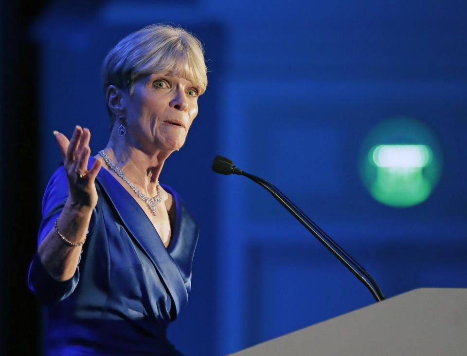 Terrie Rizzo, chair of the Florida Democratic Party speaks at the Florida Democratic Party state conference, Saturday, June 8, 2019, in Orlando, Fla. (AP Photo/John Raoux)