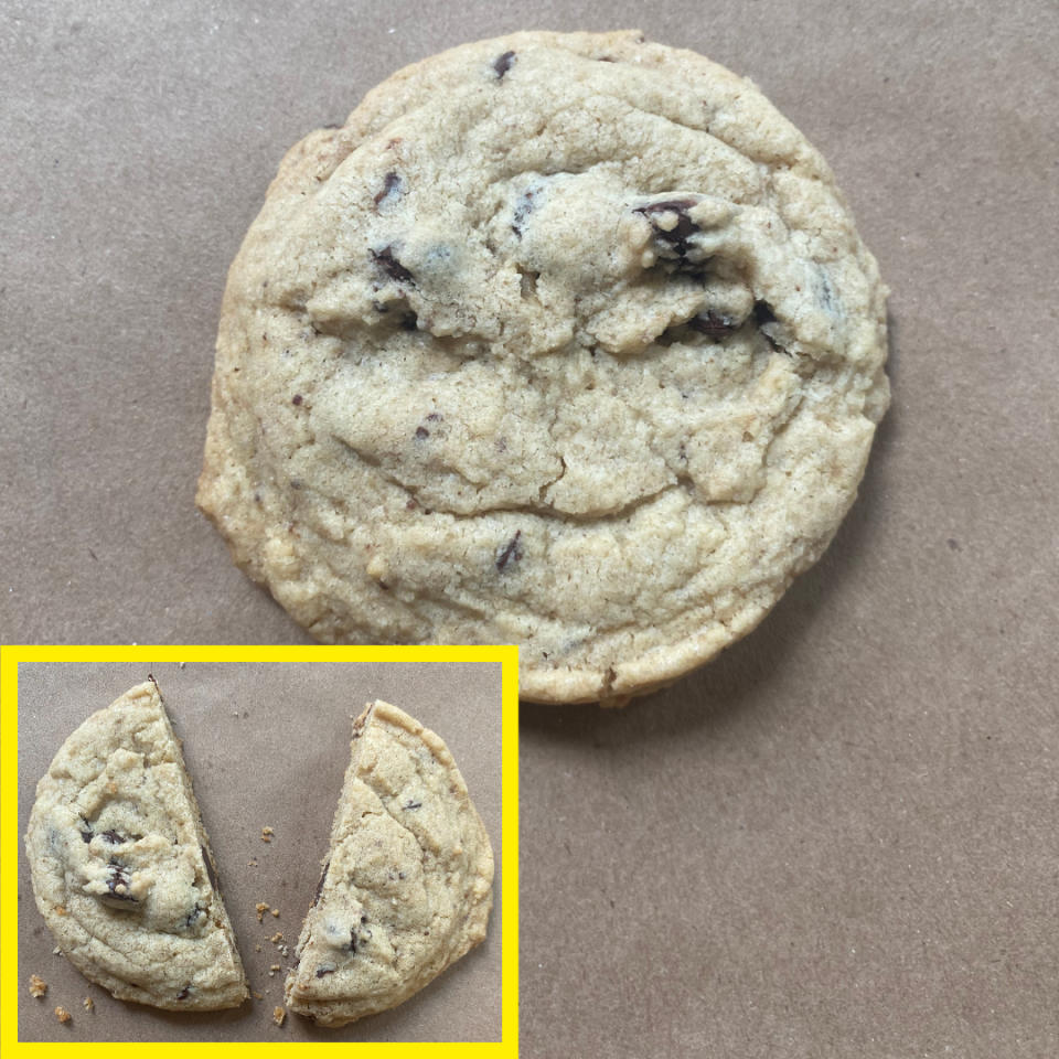 Chocolate chip cookie, shown whole, with an inset image of the same cookie broken in half