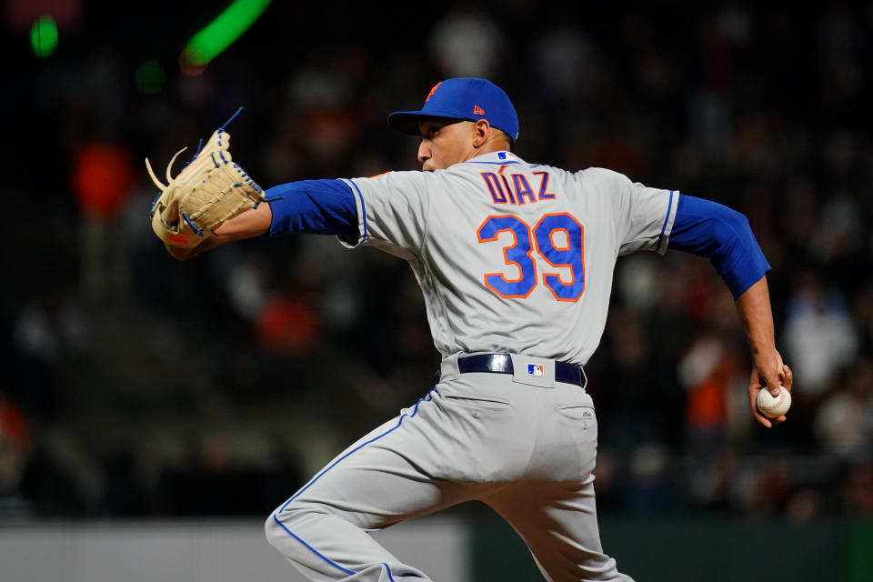 SAN FRANCISCO, CA - JULY 18:  Edwin Diaz #39 of the New York Mets pitches against the San Francisco Giants at Oracle Park on Thursday, July 18, 2019 in San Francisco, California. (Photo by Daniel Shirey/MLB Photos via Getty Images)