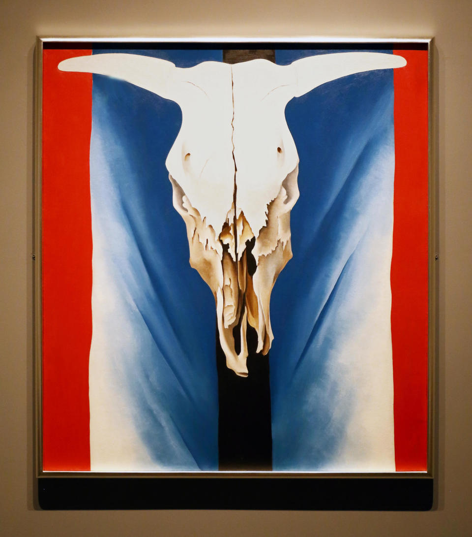 After O'Keeffe's first long trip to the Southwest in 1929, two years before completing this painting, her work moved into the world of New Mexico's nature, away from all the New York City human-made-ness. She felt bones portrayed the American spirit's strength.Location: The Metropolitan Museum of Art, New York City, United States.