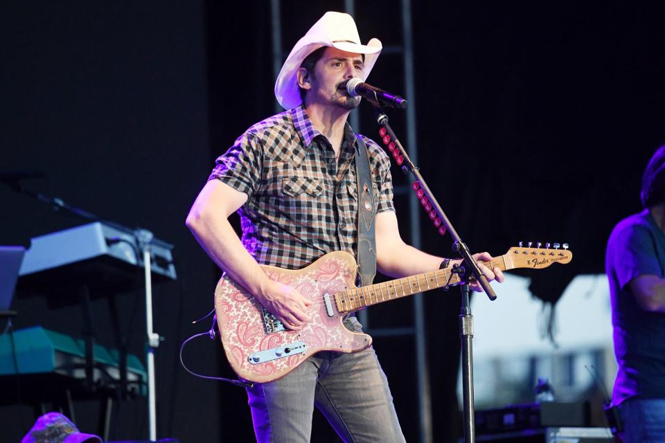 <p>Brad Paisley performs at Live Nation's first-ever U.S. drive-in concert series, Live From The Drive-In, at Hollywood Casino Amphitheatre in Maryland Heights, Missouri, on Friday night.</p>