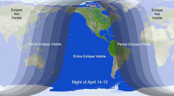 This NASA graphic shows where the total lunar eclipse of April 14-15, 2014 will be visible from. The lunar eclipse coincides with April's full moon and is the first of four total lunar eclipes (a tetrad) between April 2014 and September 2015.