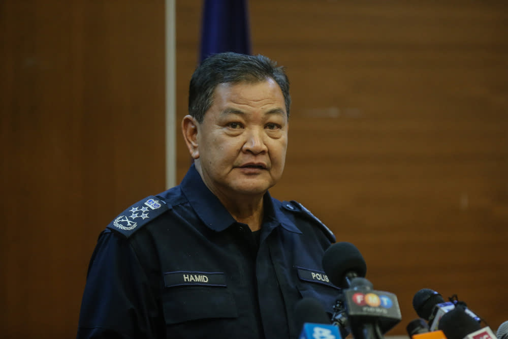 Inspector-General of Police Tan Sri Abdul Hamid Bador speaks during a press conference in Kuala Lumpur April 6, 2020. — Picture by Firdaus Latif