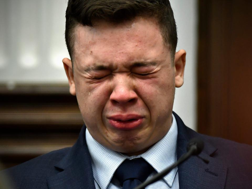 Kyle Rittenhouse breaks down on the stand as he testifies about his encounter with the late Joseph Rosenbaum during his trial at the Kenosha County Courthouse in Kenosha, Wis., on Wednesday, Nov. 10, 2021