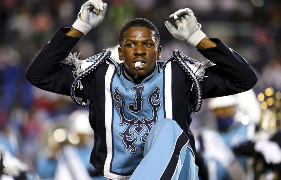 Members of the Jackson State band perform at halftime during the Southern Heritage Classic NCAA college football game against Tennessee State in Memphis, Tenn., Saturday, Sept. 11, 2021. (Patrick Lantrip/Daily Memphian via AP)