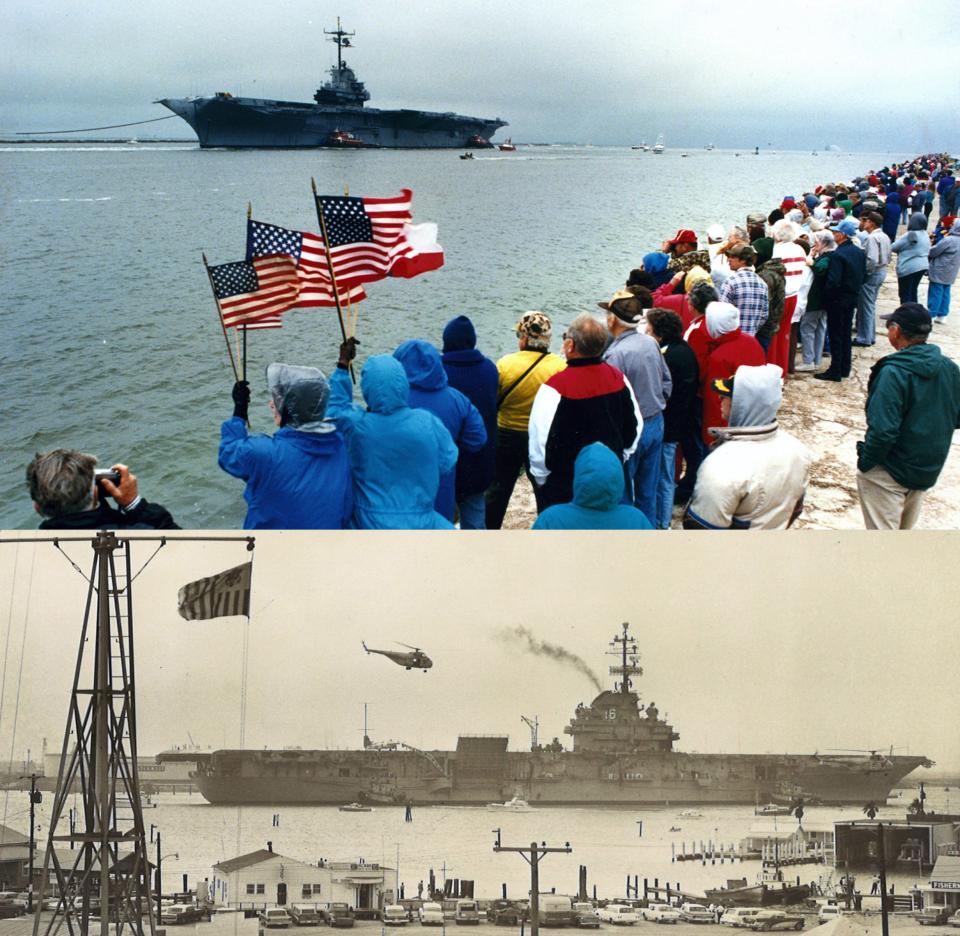 TOP: Spectators line the Port Aransas jetties as the USS Lexington enters the ship channel on Jan. 29, 1992. BOTTOM: The USS Lexington aircraft carrier arrives in Port Aransas on May 2, 1963. Four tugboats helped nose the ship into place at the Humble Pipeline Co. pier on Harbor Island, where she docked for three days to allow visitors to come aboard and see the ship and interior.