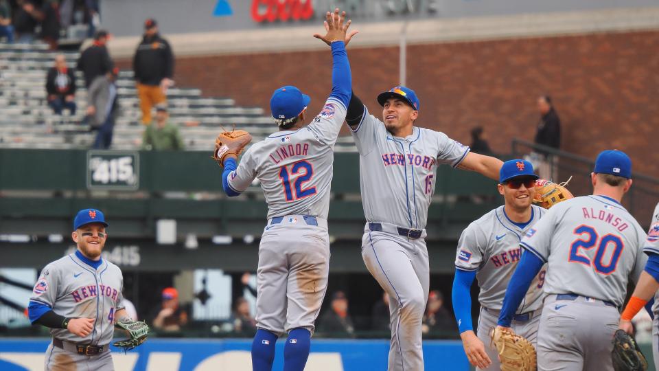 Apr 24, 2024; San Francisco, California, USA; New York Mets shortstop Francisco Lindor (12) high fives right fielder Tyrone Tyler (15) after the game against the San Francisco Giants at Oracle Park. 