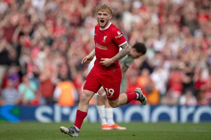 Harvey Elliott celebrates scoring for Liverpool