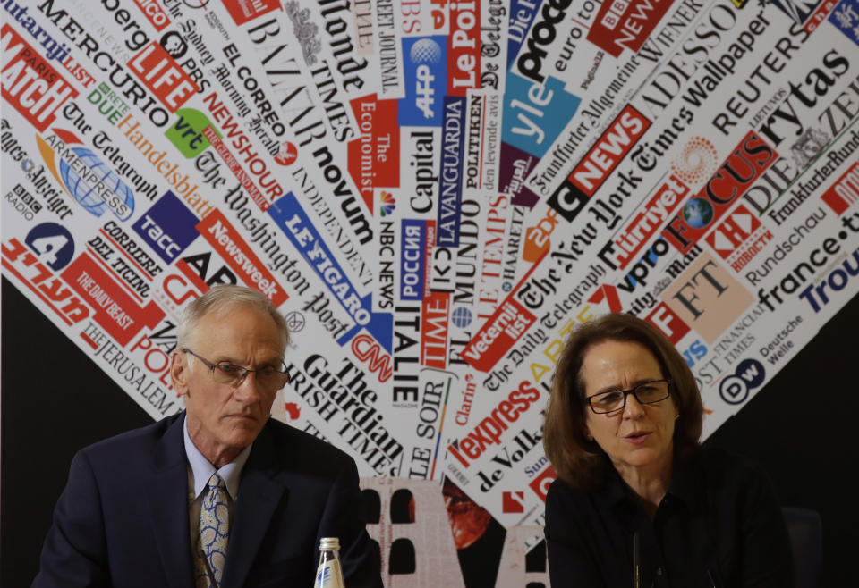 BishopAccountability.org group director Phil Saviano, left, and co-director Anne Barrett Doyle, attend a press conference at the foreign press association in Rome, Tuesday Feb. 19, 2019. (AP Photo/Alessandra Tarantino)