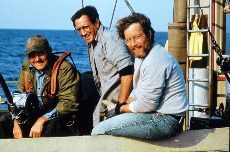 Quint (Robert Shaw, left), Brody (Roy Scheider) and Hooper (Richard Dreyfuss) set out to kill a bloodthirsty shark in "Jaws."