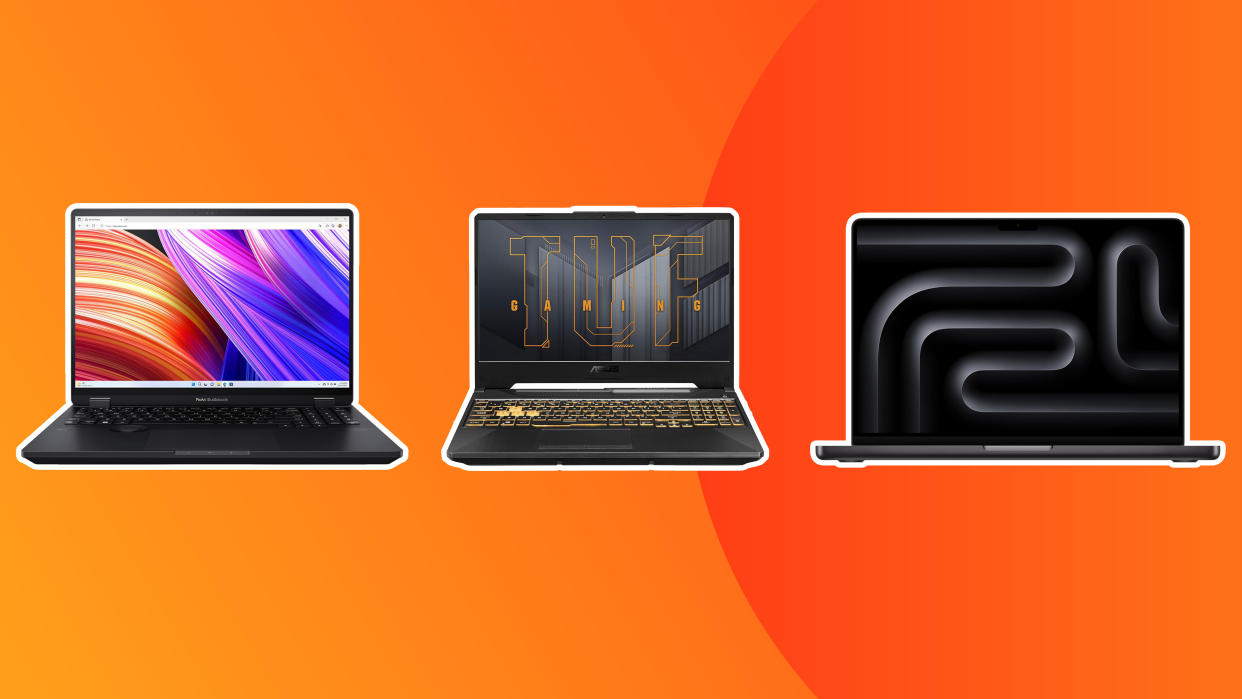  Three laptops for game development on an orange background. 