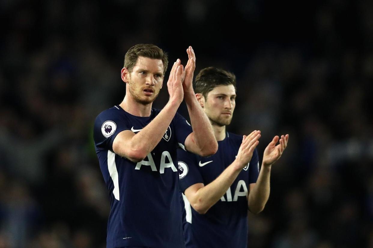 Making a point: Jan Vertonghen and Ben Davies applaud Spurs’ travelling support following the 1-1 draw at Brighton: Tottenham Hotspur FC via Getty Images