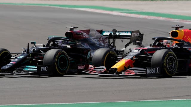 Max Verstappen and Lewis Hamilton battle for the lead during the Portugal Grand Prix