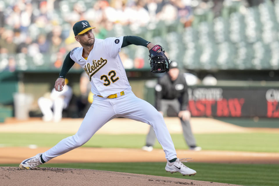 Oakland Athletics pitcher James Kaprielian throws against the Houston Astros during the first inning of a baseball game in Oakland, Calif., Friday, May 26, 2023. (AP Photo/Godofredo A. Vásquez)