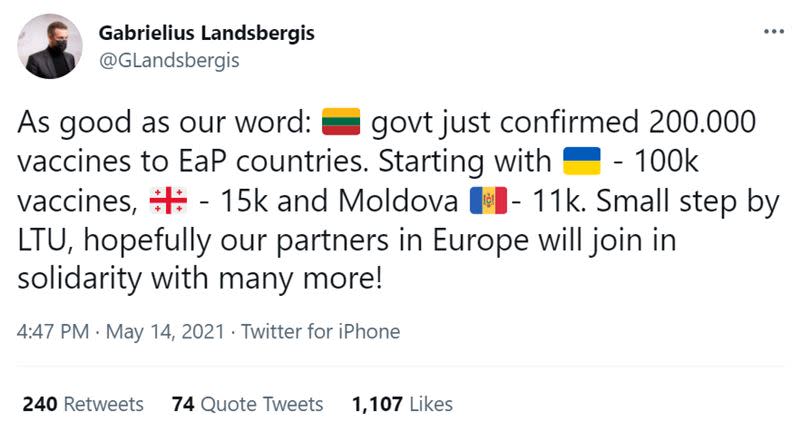 立陶宛5月時宣布捐贈20萬劑疫苗給東歐盟國。（圖／翻攝自推特）
