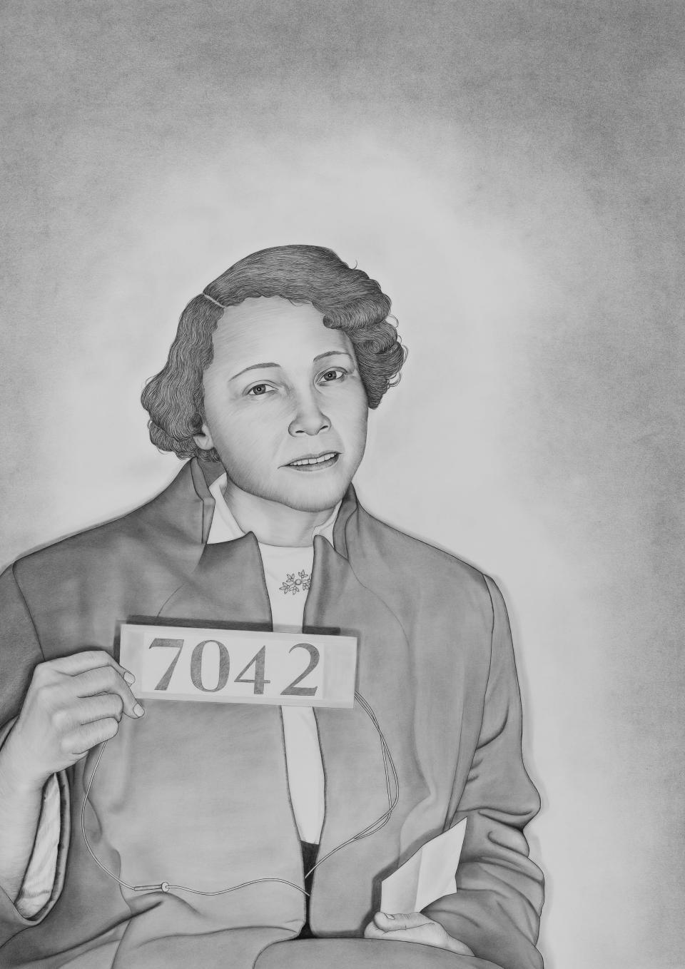 Lava Thomas, Ms. Jo Ann Robinson, 2018, from the series, Mugshot Portraits: Women of the Montgomery Bus Boycott, graphite and Conté pencil on paper, 47 x 33 1/4 inches, Collection of Janet Mohle-Boetani, MD, San Francisco, California.