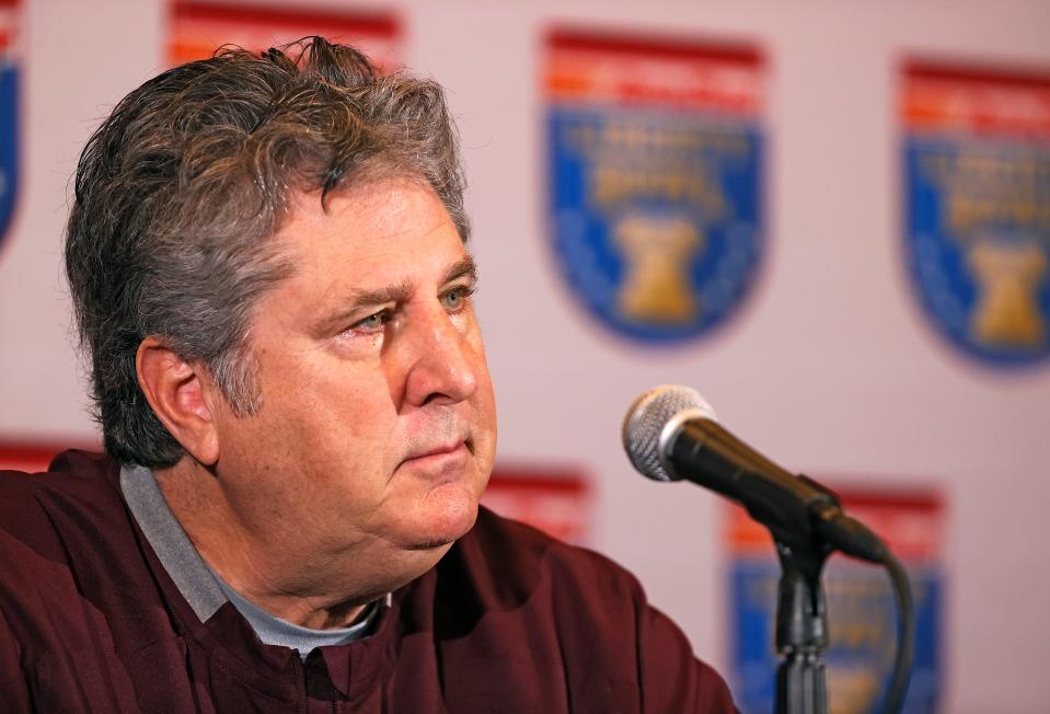 Mississippi State coach Mike Leach talks to the media during a press conference before the AutoZone Liberty Bowl on Monday, Dec. 27, 2021, in Memphis, Tenn.