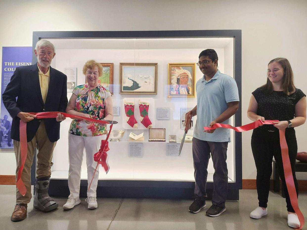 Left to right: Walton Jones, Board Chair of the Eisenhower Society; Carol Hegeman, Executive Director of the Eisenhower Society; Vivek Rallabandi, Gettysburg College senior and Mary Procopio, Archivist and Curator at the Adams County Historical Society, cut the ribbon for the new Eisenhower exhibit at Gettysburg Beyond the Battle Museum on August 27.