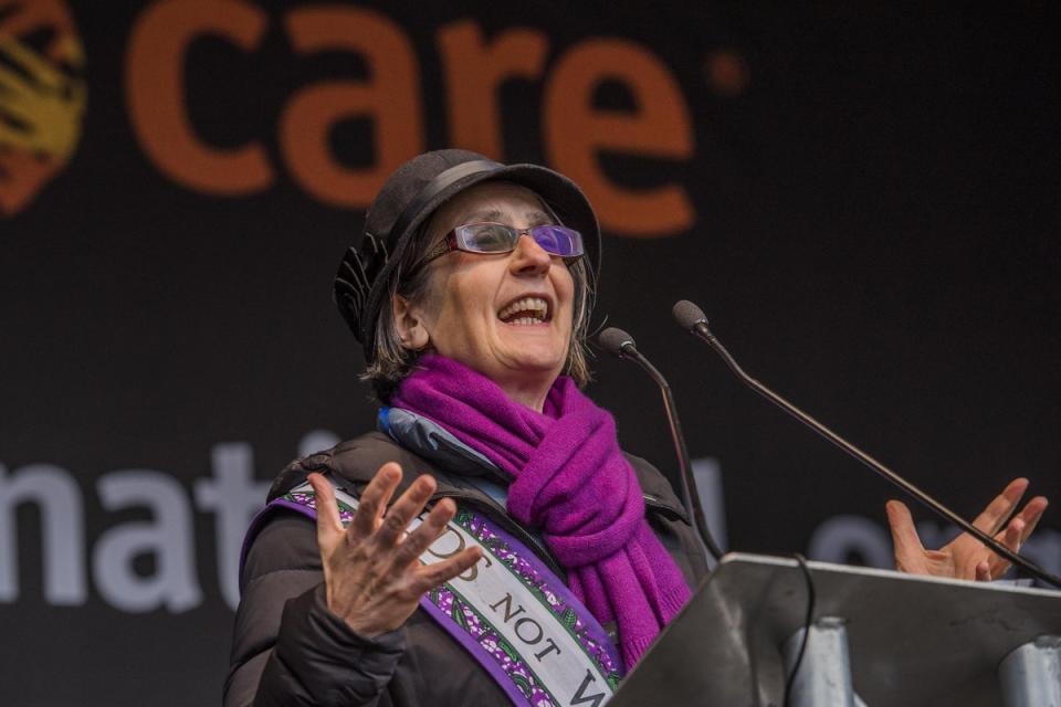 Helen Pankurst speaking at a march for International Women’s Day in London in 2018 (CARE International UK)