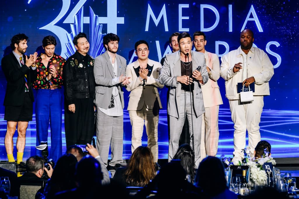 Joel Kim Booster, Bowen Yang, Matt Rogers and the cast of Fire Island at the 34th Annual GLAAD Media Awards held at the New York Hilton Midtown on May 13, 2023 in New York City.