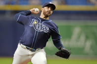 Tampa Bay Rays starting pitcher Aaron Civale delivers to a Los Angeles Angels batter during the first inning of a baseball game Tuesday, April 16, 2024, in St. Petersburg, Fla. (AP Photo/Chris O'Meara)