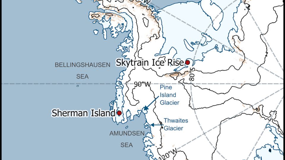 Map showing the location of the Skytrain Ice Rise, part of the Ronne Ice Shelf, from which the ice core was taken.  - University of Cambridge/British Antarctic Survey